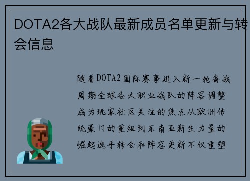 DOTA2各大战队最新成员名单更新与转会信息