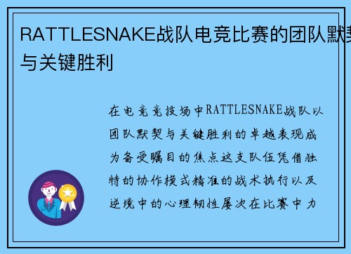 RATTLESNAKE战队电竞比赛的团队默契与关键胜利