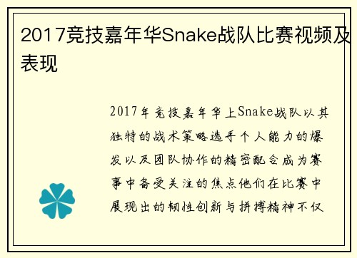 2017竞技嘉年华Snake战队比赛视频及表现